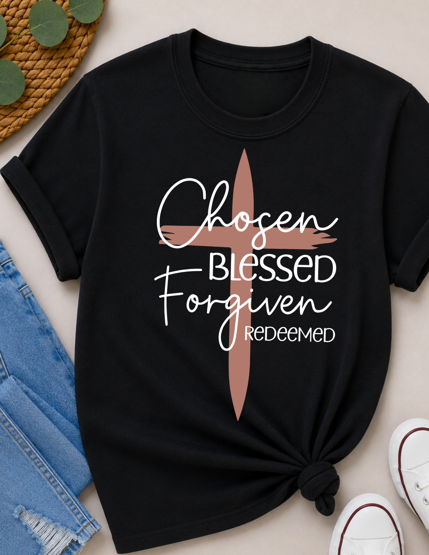 Chosen Blessed Forgiven Redeemed Christian T-Shirt | Faith-Based Cross Shirt