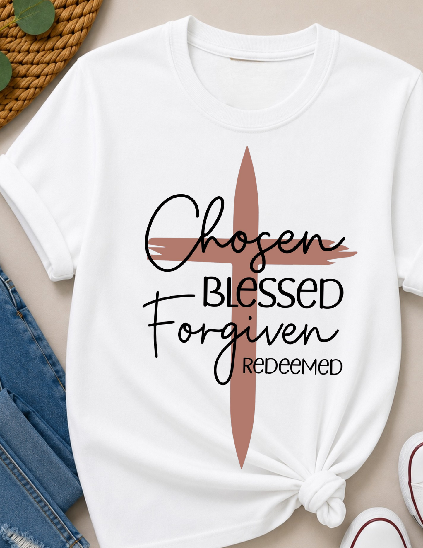 Chosen Blessed Forgiven Redeemed Christian T-Shirt | Faith-Based Cross Shirt