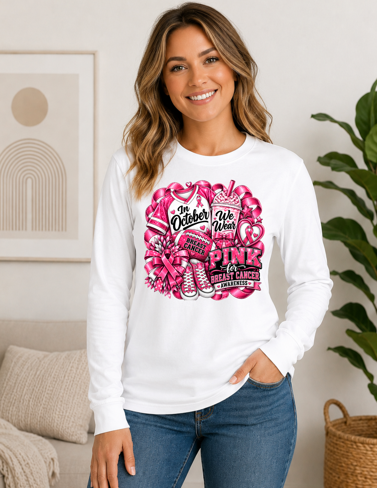 In October We Wear Pink Breast Cancer Awareness Long Sleeve Shirt