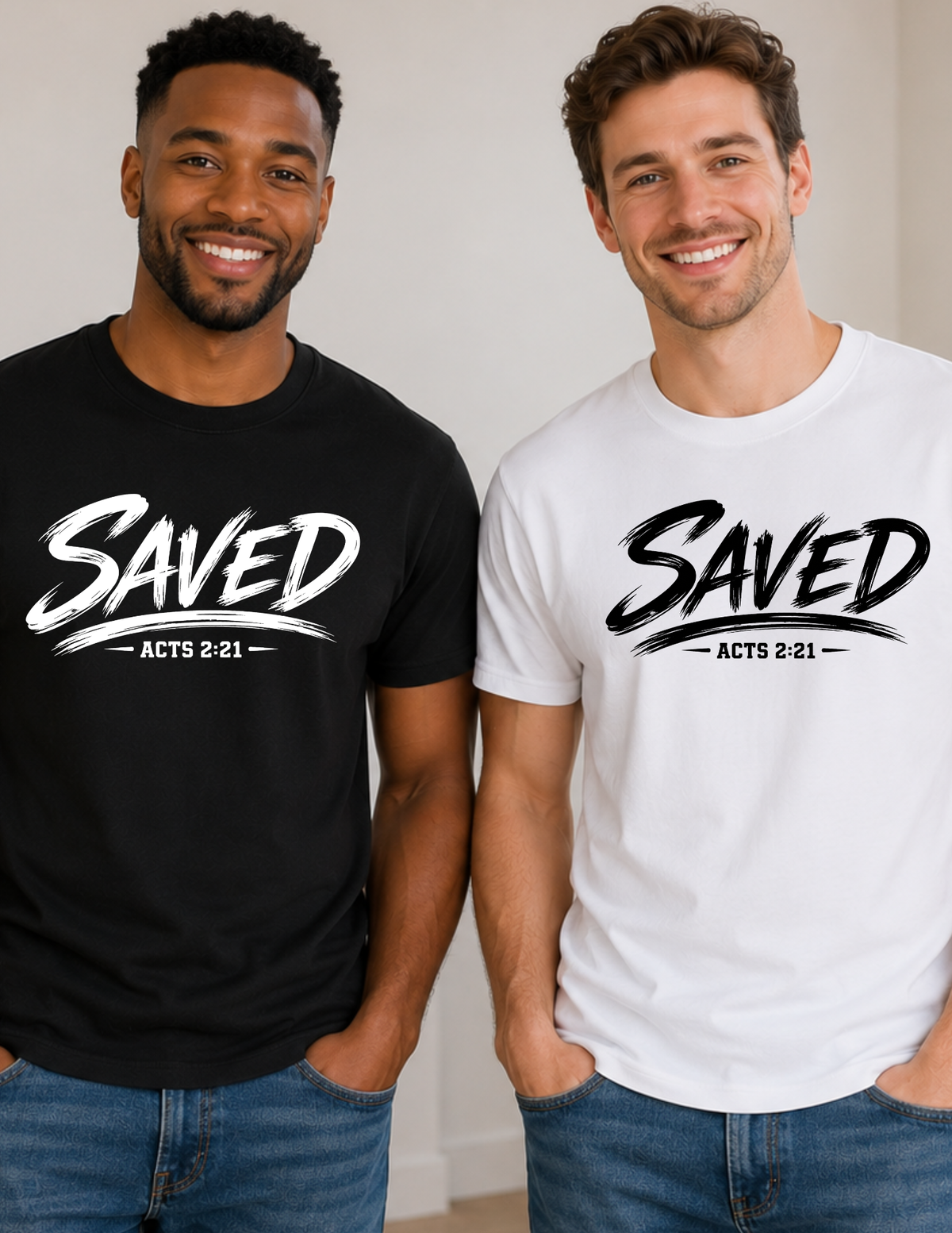 Saved Acts 2:21 Christian T-Shirt | Black & White Faith Tee