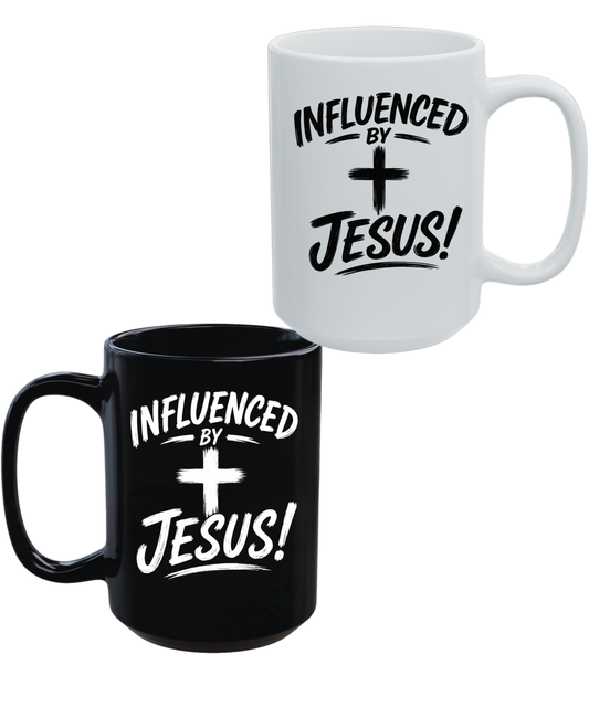 Influenced By Jesus Christian 15 oz Mug | Black & White Faith Coffee Mug